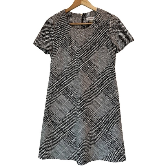 Calvin Klein Black and White Plaid A-Line Fit and Flare Short Sleeve Dress, 6 - Picture 3 of 10